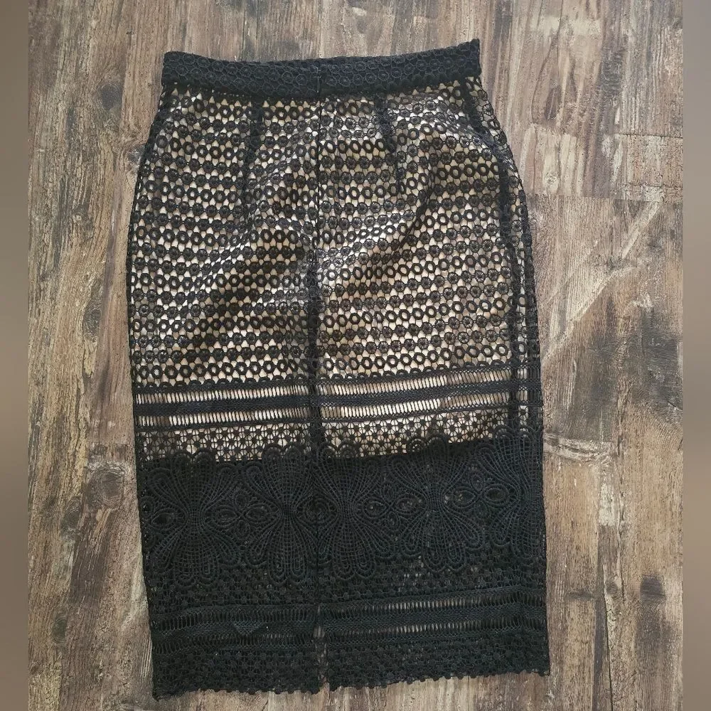 Black Lace Pencil Skirt | Nude Lined | Floral Scalloped Hem | Jenn M | Cocktail
